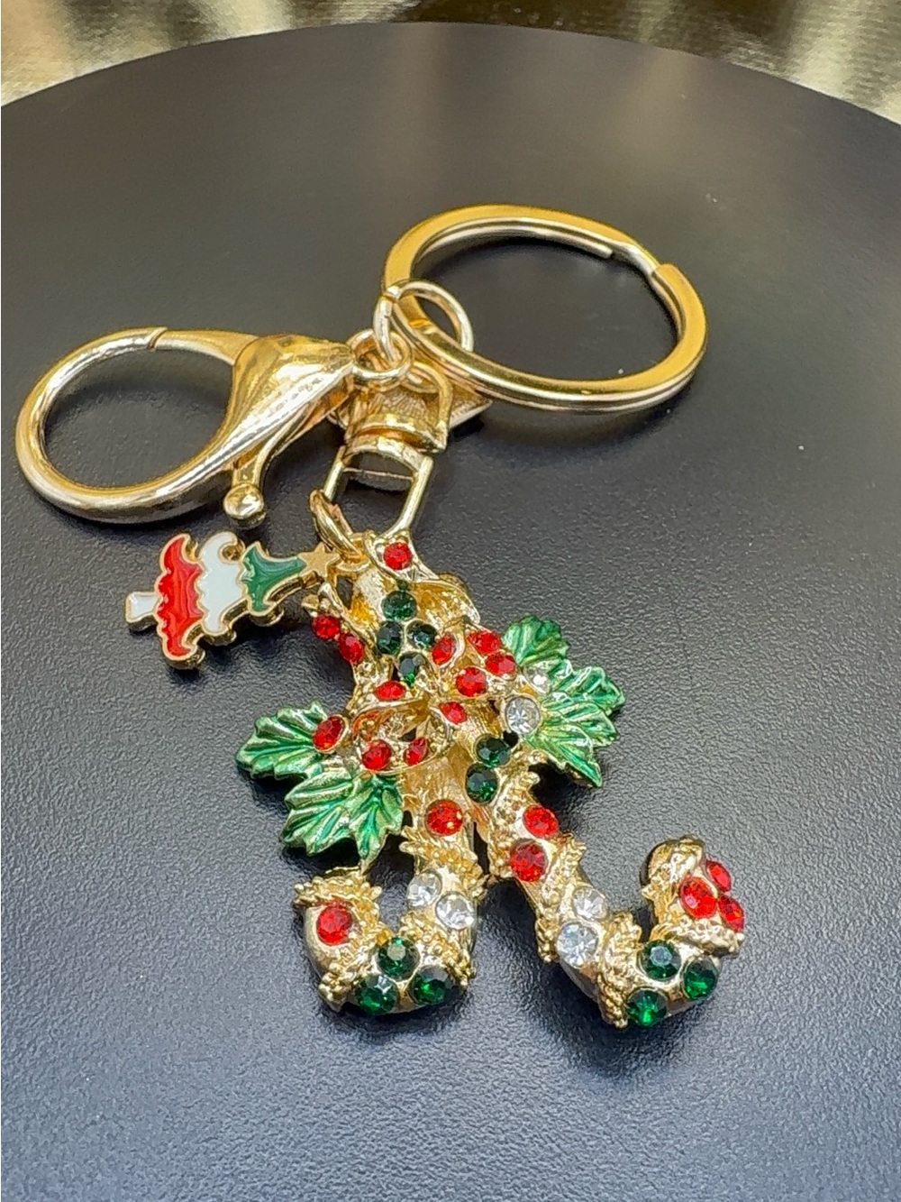 Gold Tone Holiday Elf Legs Keychain with Red & Green Accents